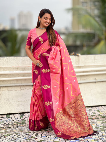 Rosy Pink Soft Silk Dusty Concept Zig Zag Zari Woven Saree Soft Silk Saree Anant Tex Exports Pvt.Ltd..