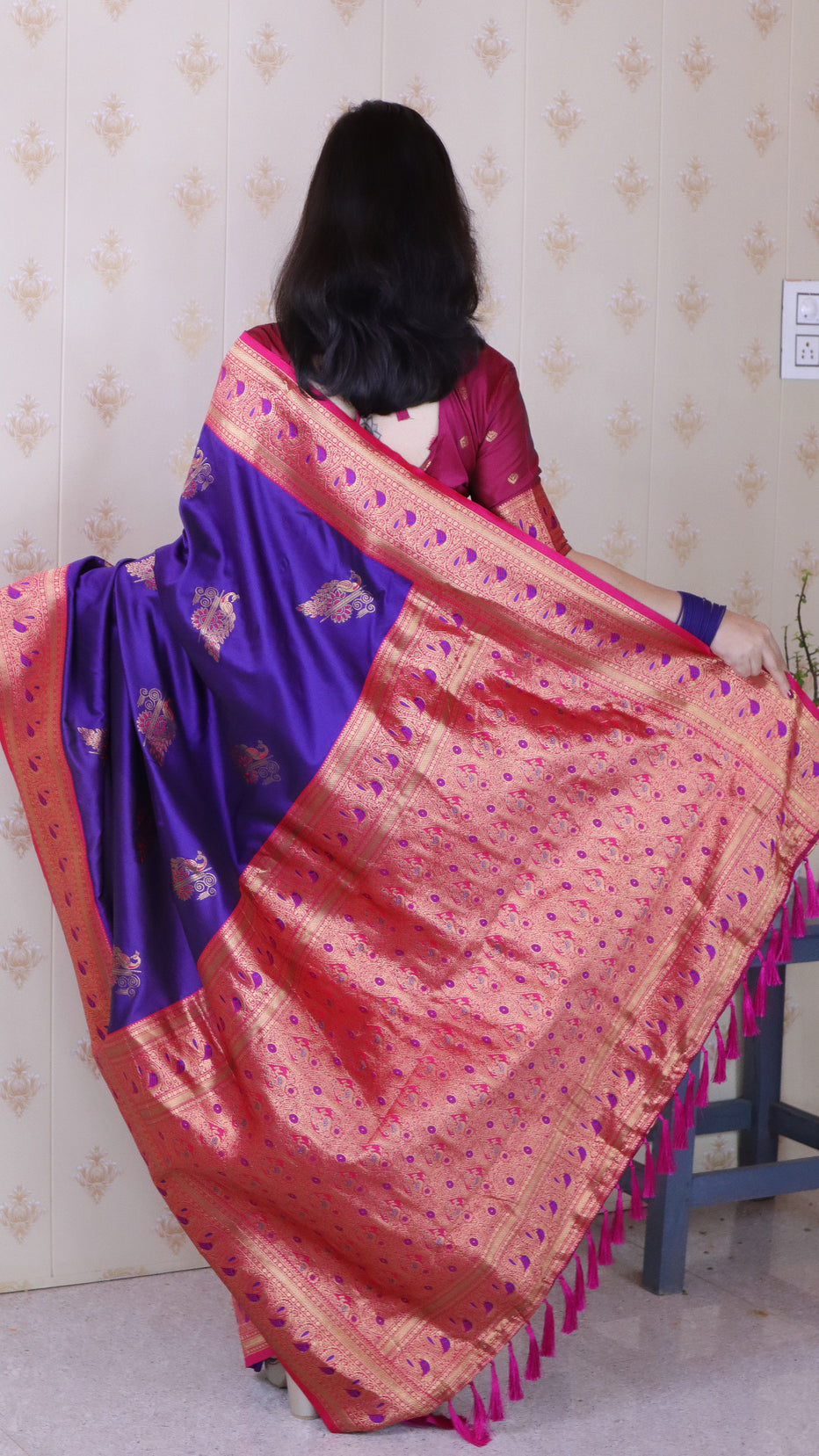 Violet Green Soft Silk Banarasi Peacock Zari Woven Saree