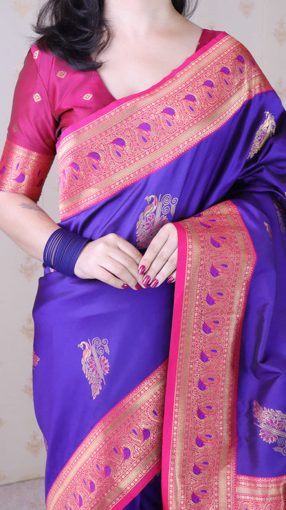Violet Green Soft Silk Banarasi Peacock Zari Woven Saree Kanjivaram Saree Anant Tex Exports Pvt.Ltd..