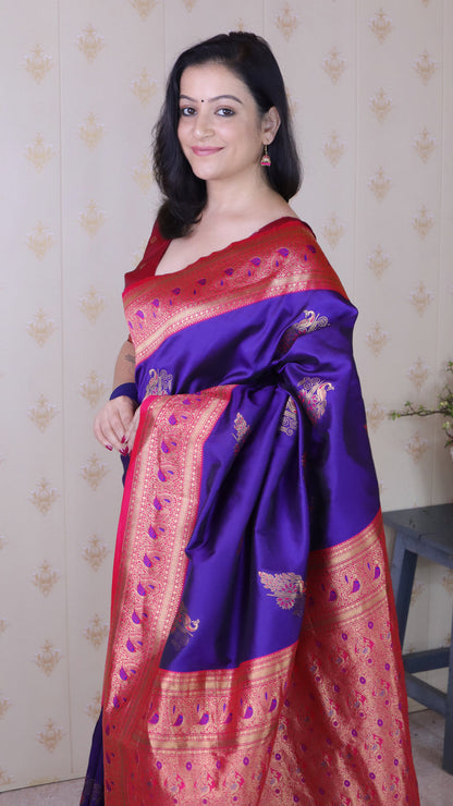Violet Green Soft Silk Banarasi Peacock Zari Woven Saree Kanjivaram Saree Anant Tex Exports Pvt.Ltd..