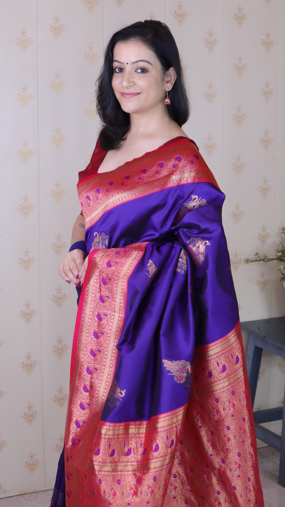 Violet Green Soft Silk Banarasi Peacock Zari Woven Saree