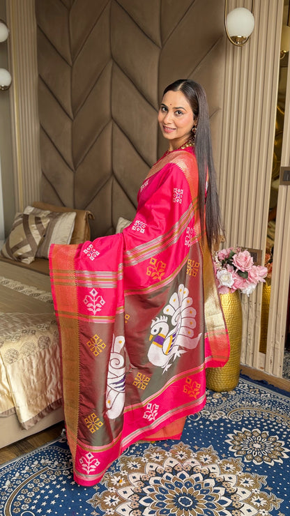 Magenta Soft Silk Ikkat Zari Patola Soft Silk Saree 