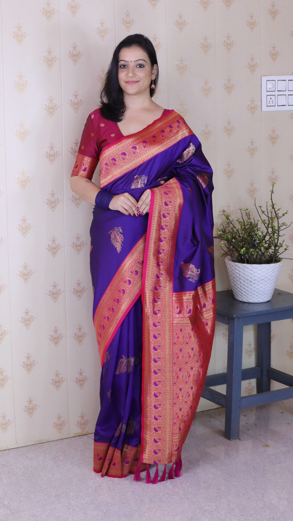 Violet Green Soft Silk Banarasi Peacock Zari Woven Saree