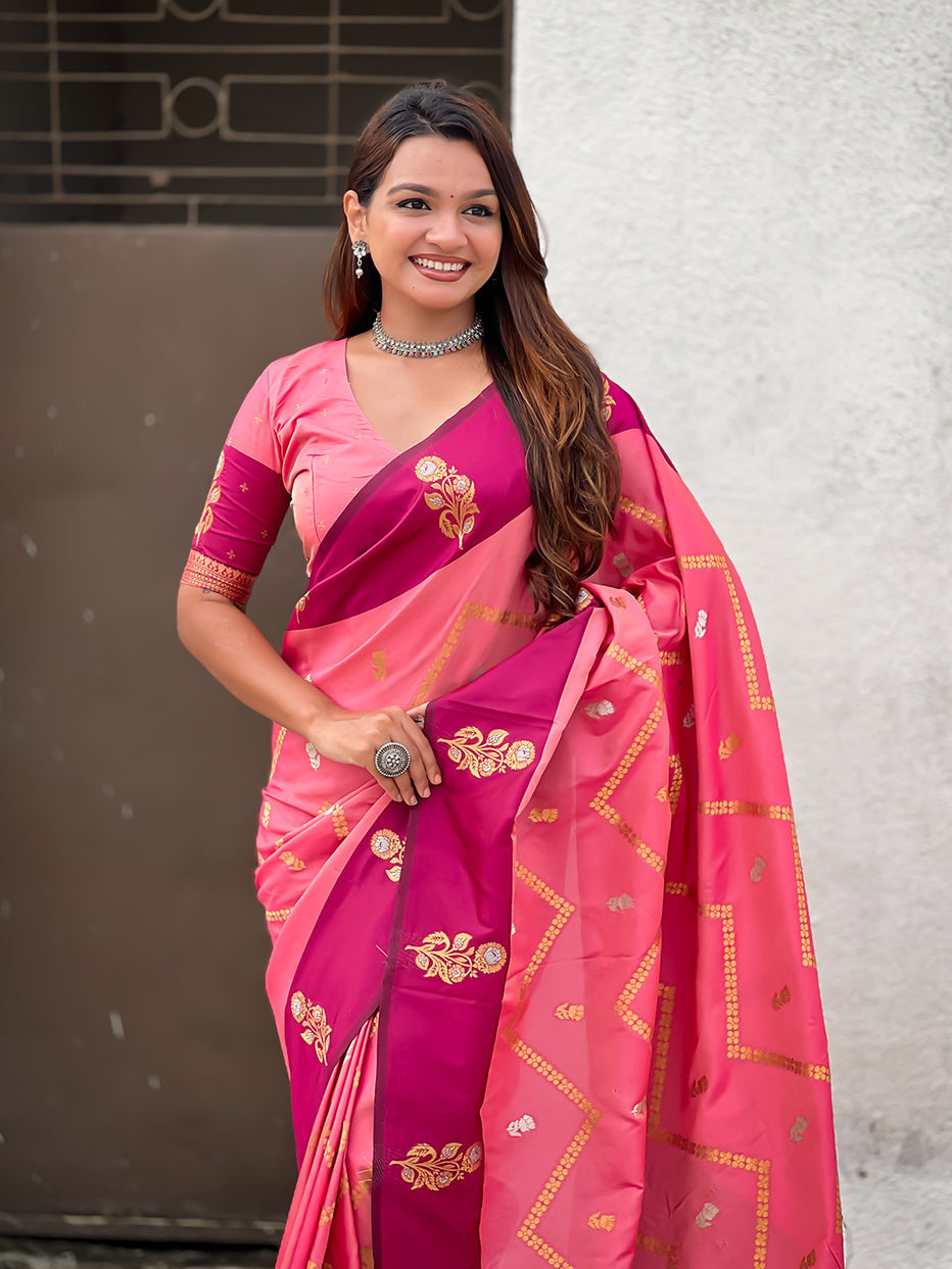 Rosy Pink Soft Silk Dusty Concept Zig Zag Zari Woven Saree Soft Silk Saree Anant Tex Exports Pvt.Ltd..