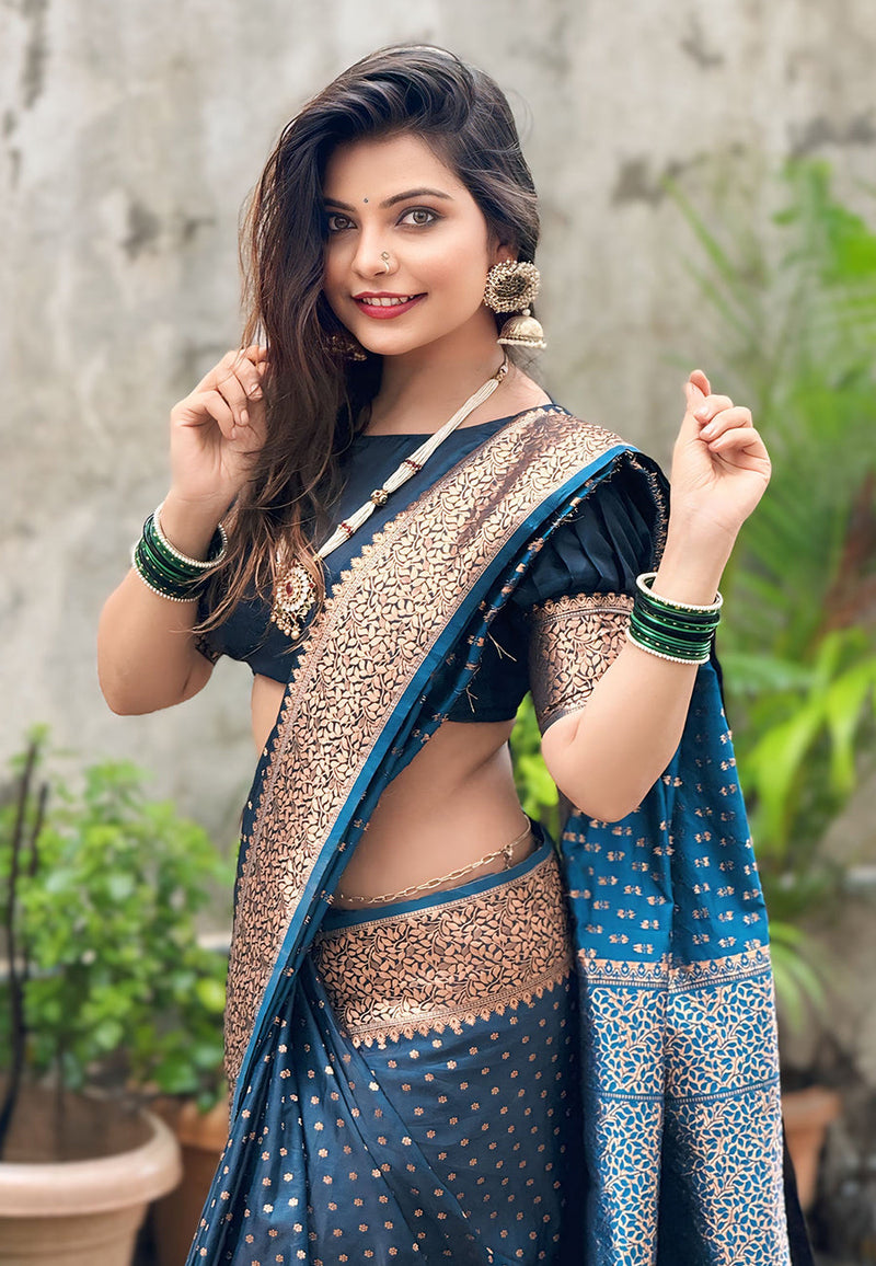 Pooja Rathod in Our Deep Blue Banarasi Katan Silk Zari Woven Saree