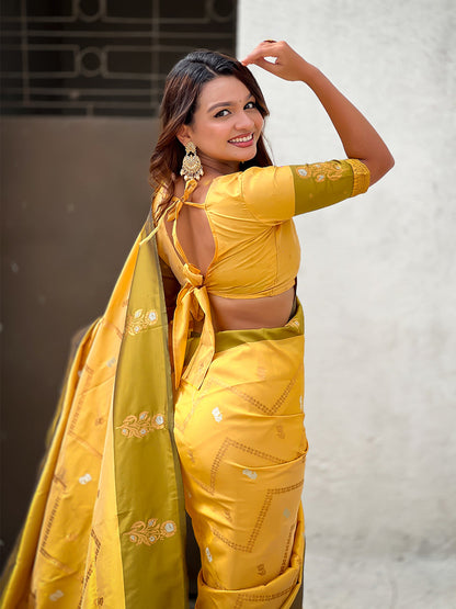 Yellow Soft Silk Dusty Concept Zig Zag Zari Woven Saree Soft Silk Saree Anant Tex Exports Pvt.Ltd..