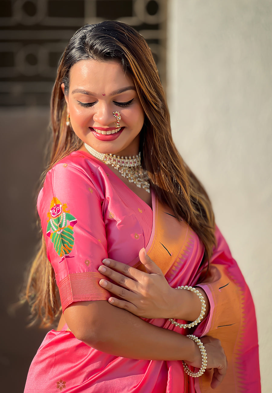 Baby Pink Zari Woven Vitthala God Special Paithani Silk Saree