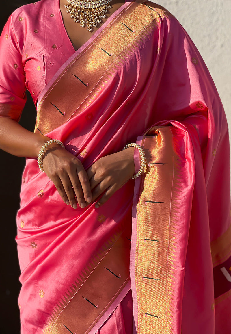 Baby Pink Zari Woven Vitthala God Special Paithani Silk Saree
