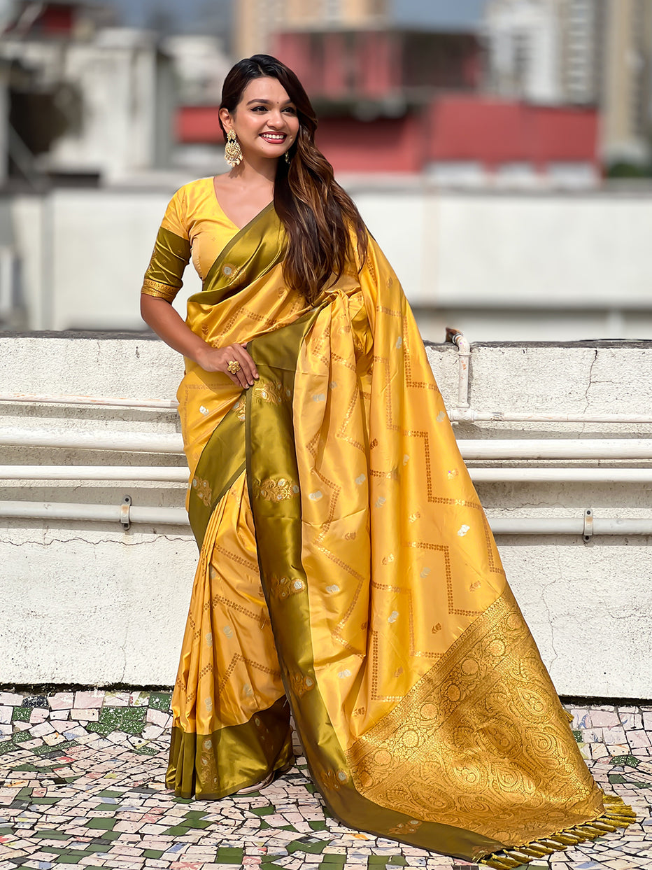Yellow Soft Silk Dusty Concept Zig Zag Zari Woven Saree Soft Silk Saree Anant Tex Exports Pvt.Ltd..