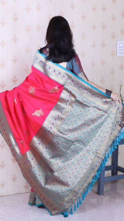 Pink Soft Silk Banarasi Peacock Zari Woven Saree Kanjivaram Saree Anant Tex Exports Pvt.Ltd..