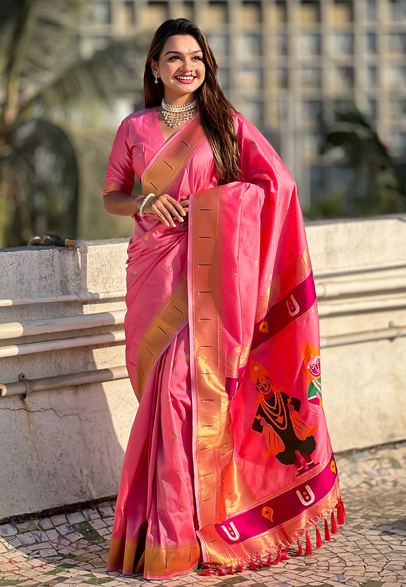 Baby Pink Zari Woven Vitthala God Special Paithani Silk Saree