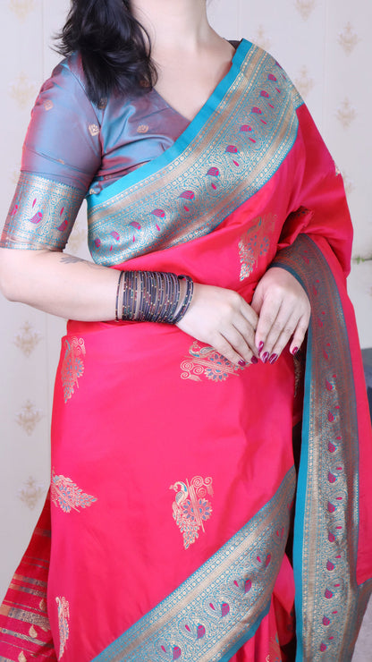 Pink Soft Silk Banarasi Peacock Zari Woven Saree Kanjivaram Saree Anant Tex Exports Pvt.Ltd..