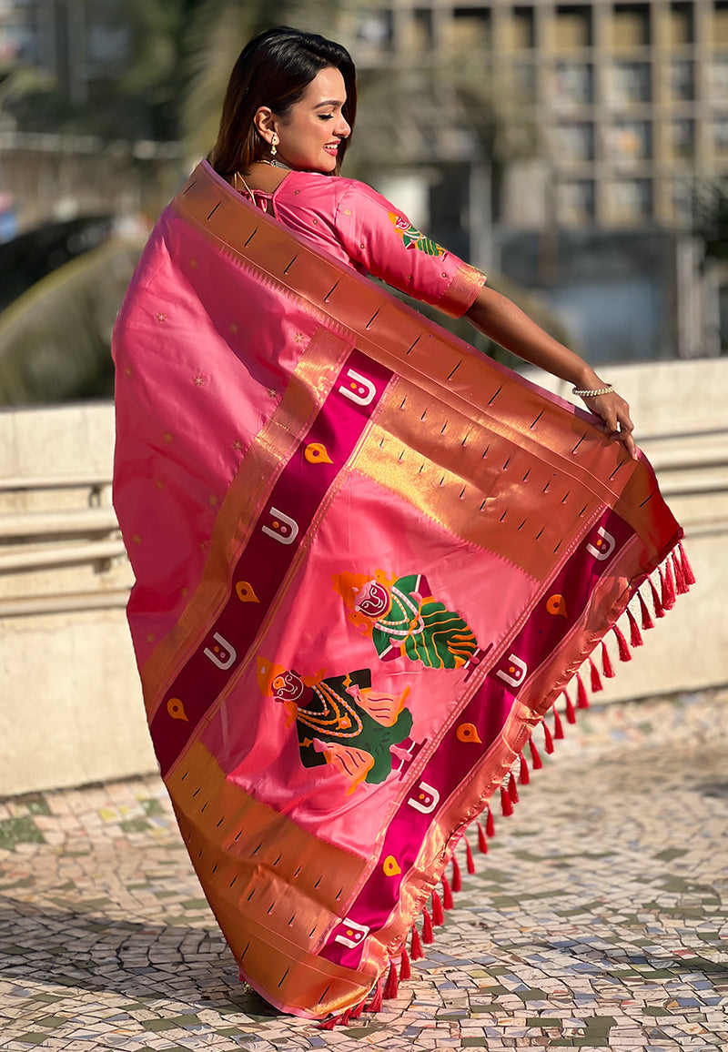 Baby Pink Zari Woven Vitthala God Special Paithani Silk Saree