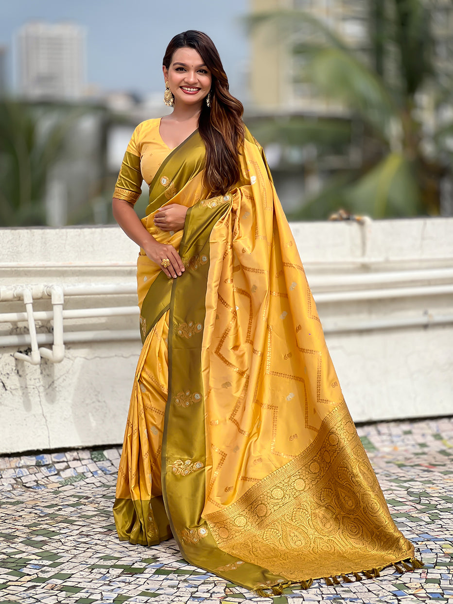 Yellow Soft Silk Dusty Concept Zig Zag Zari Woven Saree Soft Silk Saree Anant Tex Exports Pvt.Ltd..