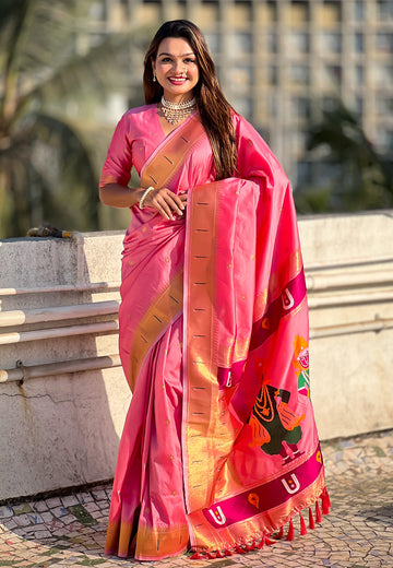 Baby Pink Zari Woven Vitthala God Special Paithani Silk Saree
