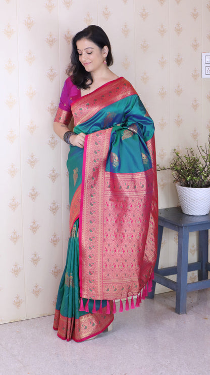 Green Soft Silk Banarasi Peacock Zari Woven Saree Kanjivaram Saree Anant Tex Exports Pvt.Ltd..