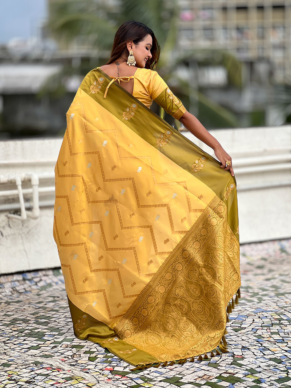 Yellow Soft Silk Dusty Concept Zig Zag Zari Woven Saree Soft Silk Saree Anant Tex Exports Pvt.Ltd..