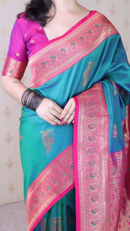Green Soft Silk Banarasi Peacock Zari Woven Saree Kanjivaram Saree Anant Tex Exports Pvt.Ltd..