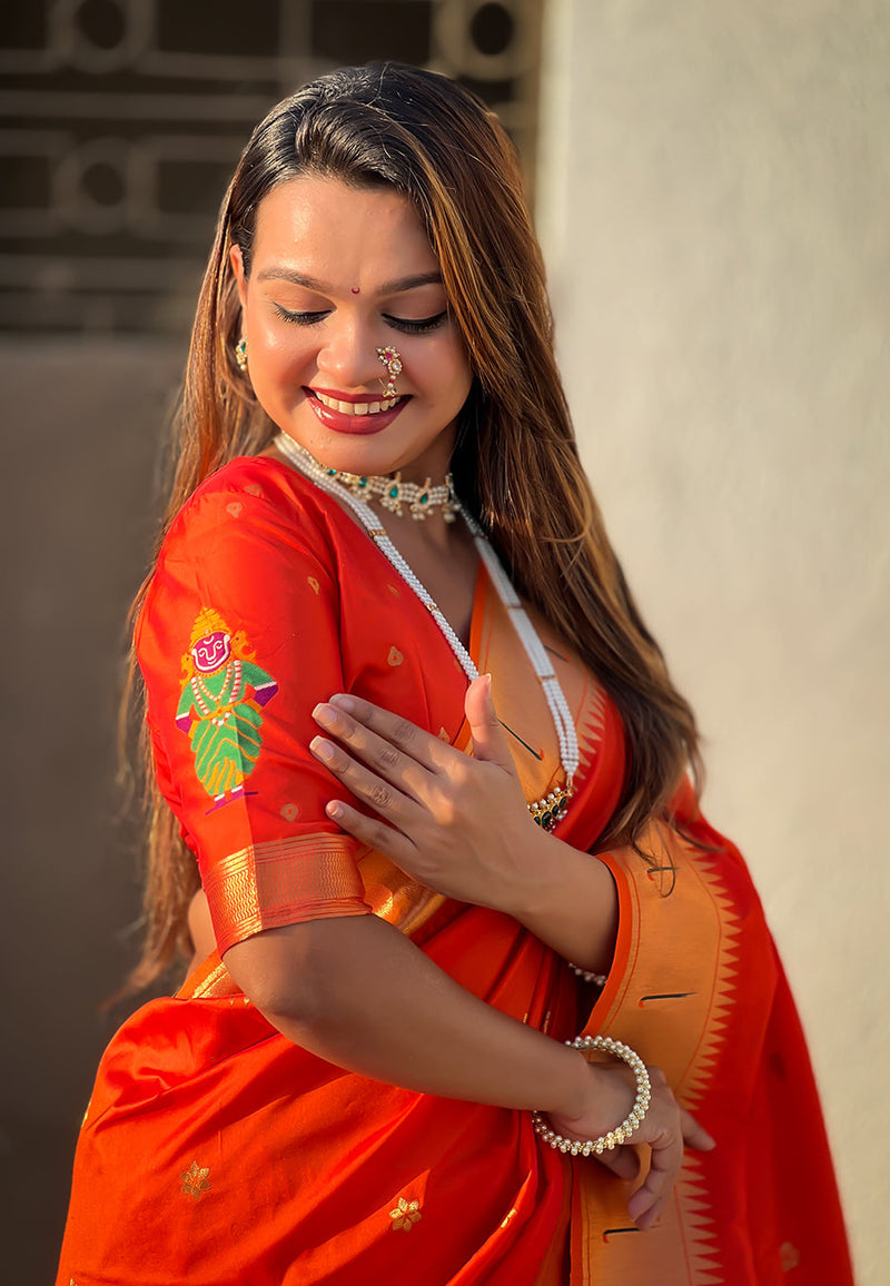 Orange Blue Zari Woven Vitthala God Special Paithani Silk Saree