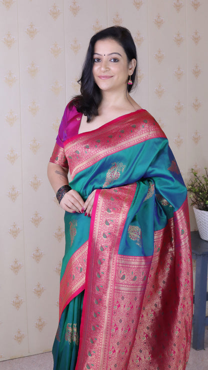 Green Soft Silk Banarasi Peacock Zari Woven Saree Kanjivaram Saree Anant Tex Exports Pvt.Ltd..