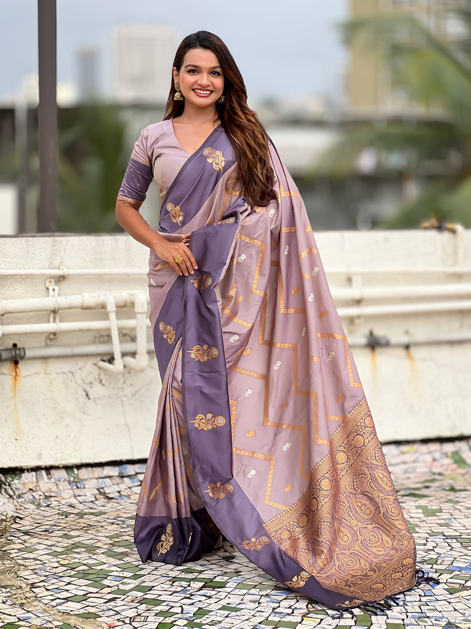 Lavender Soft Silk Dusty Concept Zig Zag Zari Woven Saree Soft Silk Saree Anant Tex Exports Pvt.Ltd..