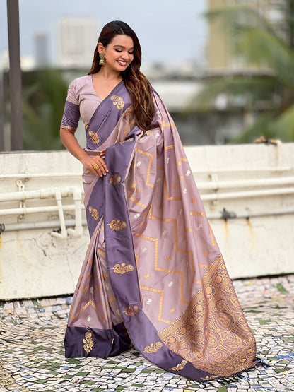 Lavender Soft Silk Dusty Concept Zig Zag Zari Woven Saree Soft Silk Saree Anant Tex Exports Pvt.Ltd..