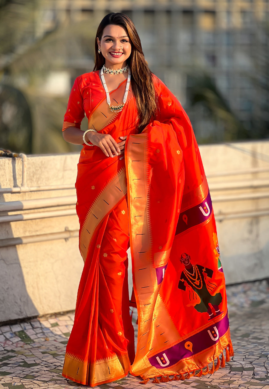 Orange Blue Zari Woven Vitthala God Special Paithani Silk Saree Banarasi Silk Saree Anant Tex Exports Pvt.Ltd..