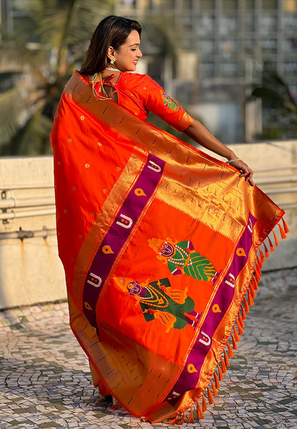 Orange Blue Zari Woven Vitthala God Special Paithani Silk Saree Banarasi Silk Saree Anant Tex Exports Pvt.Ltd..