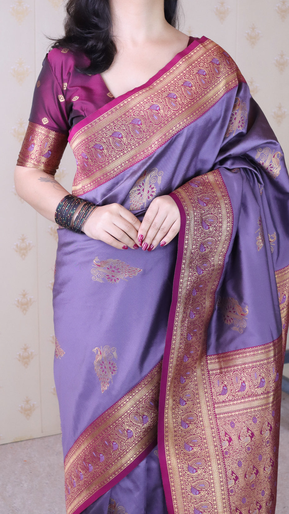 Lavender Soft Silk Banarasi Peacock Zari Woven Saree