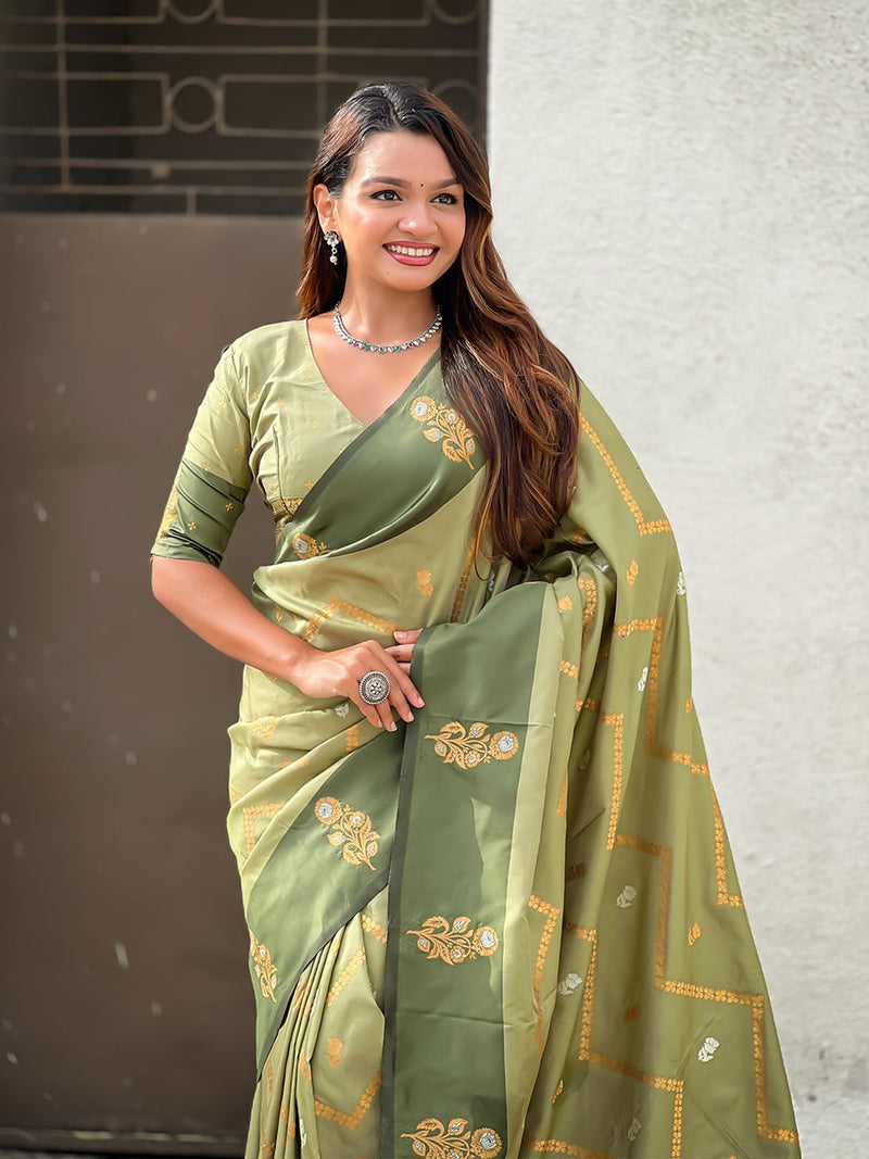 Pista Green Soft Silk Dusty Concept Zig Zag Zari Woven Saree