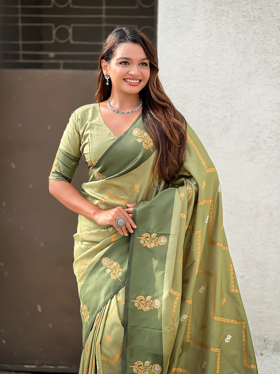 Pista Green Soft Silk Dusty Concept Zig Zag Zari Woven Saree