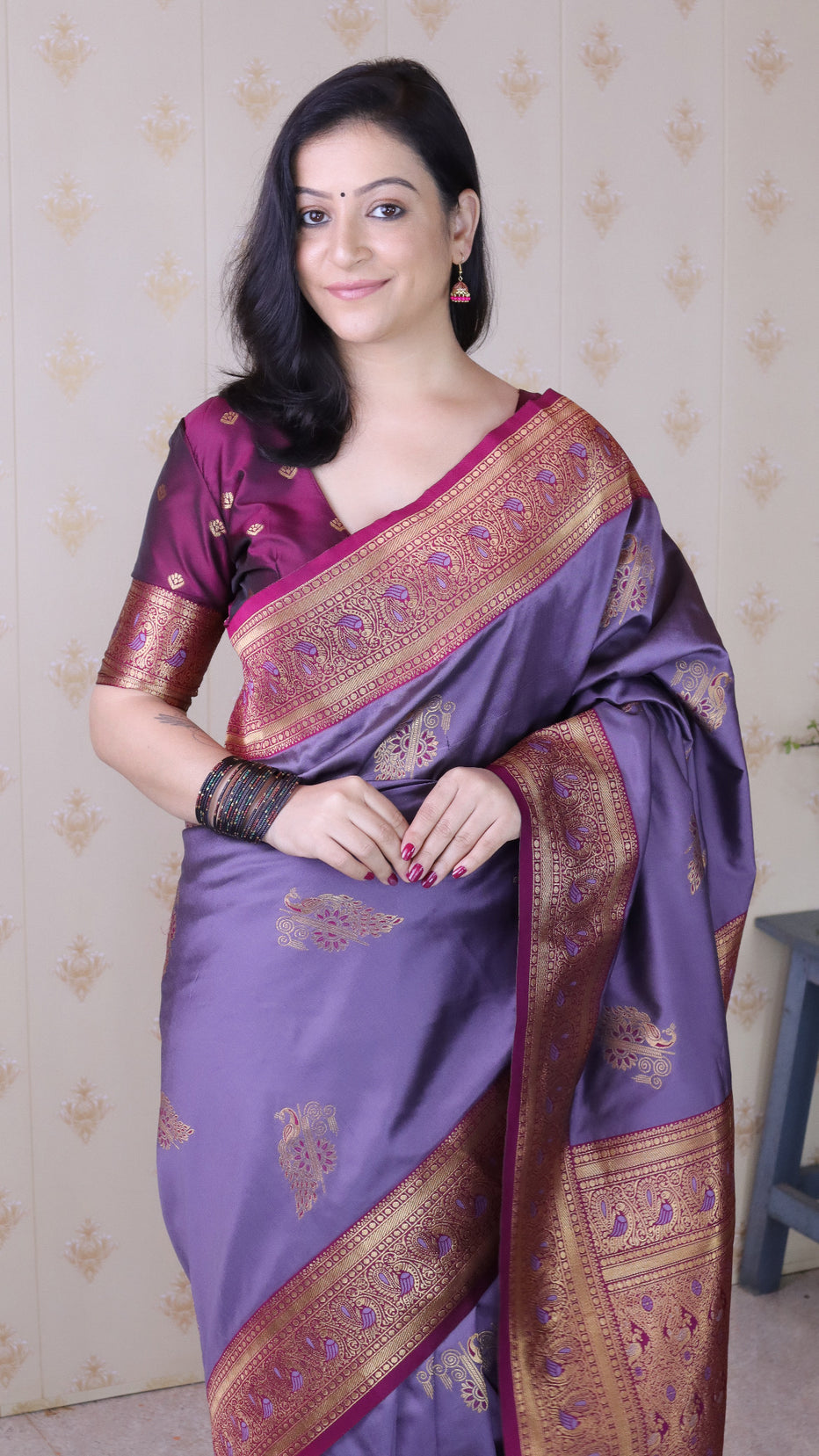 Lavender Soft Silk Banarasi Peacock Zari Woven Saree
