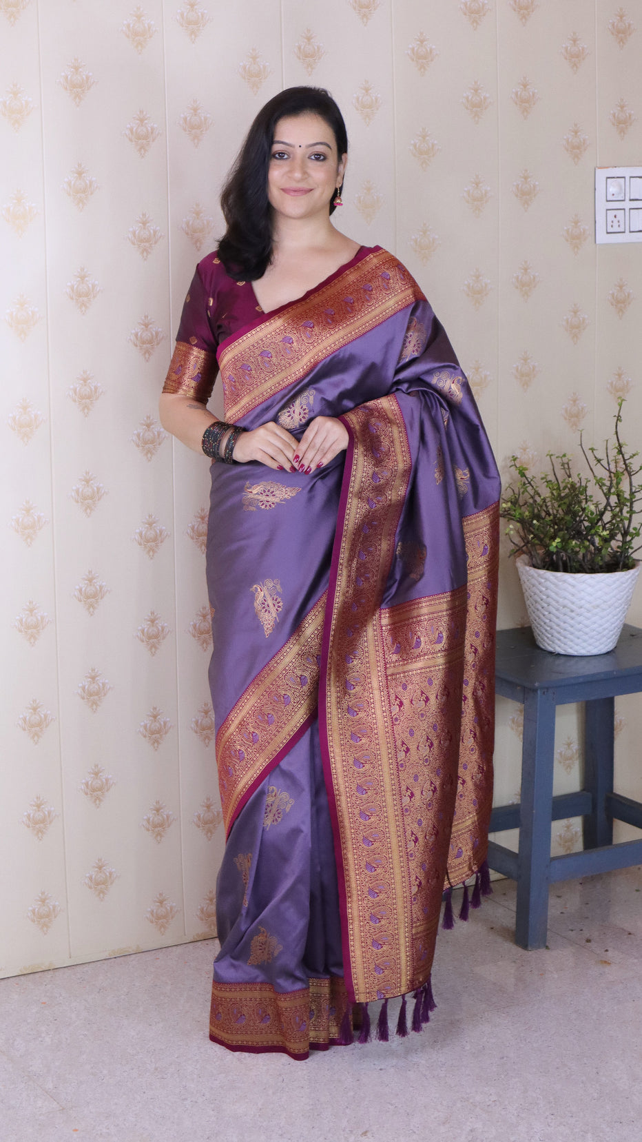 Lavender Soft Silk Banarasi Peacock Zari Woven Saree