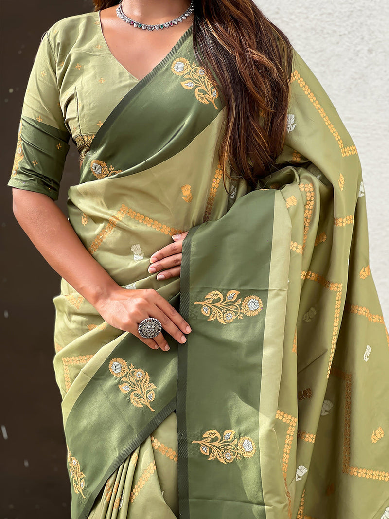 Pista Green Soft Silk Dusty Concept Zig Zag Zari Woven Saree