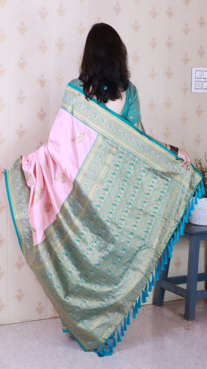 Baby Pink Soft Silk Banarasi Peacock Zari Woven Saree Kanjivaram Saree Anant Tex Exports Pvt.Ltd..