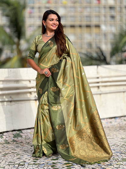 Pista Green Soft Silk Dusty Concept Zig Zag Zari Woven Saree Soft Silk Saree Anant Tex Exports Pvt.Ltd..