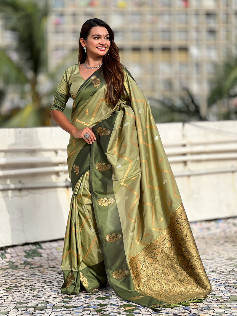 Pista Green Soft Silk Dusty Concept Zig Zag Zari Woven Saree