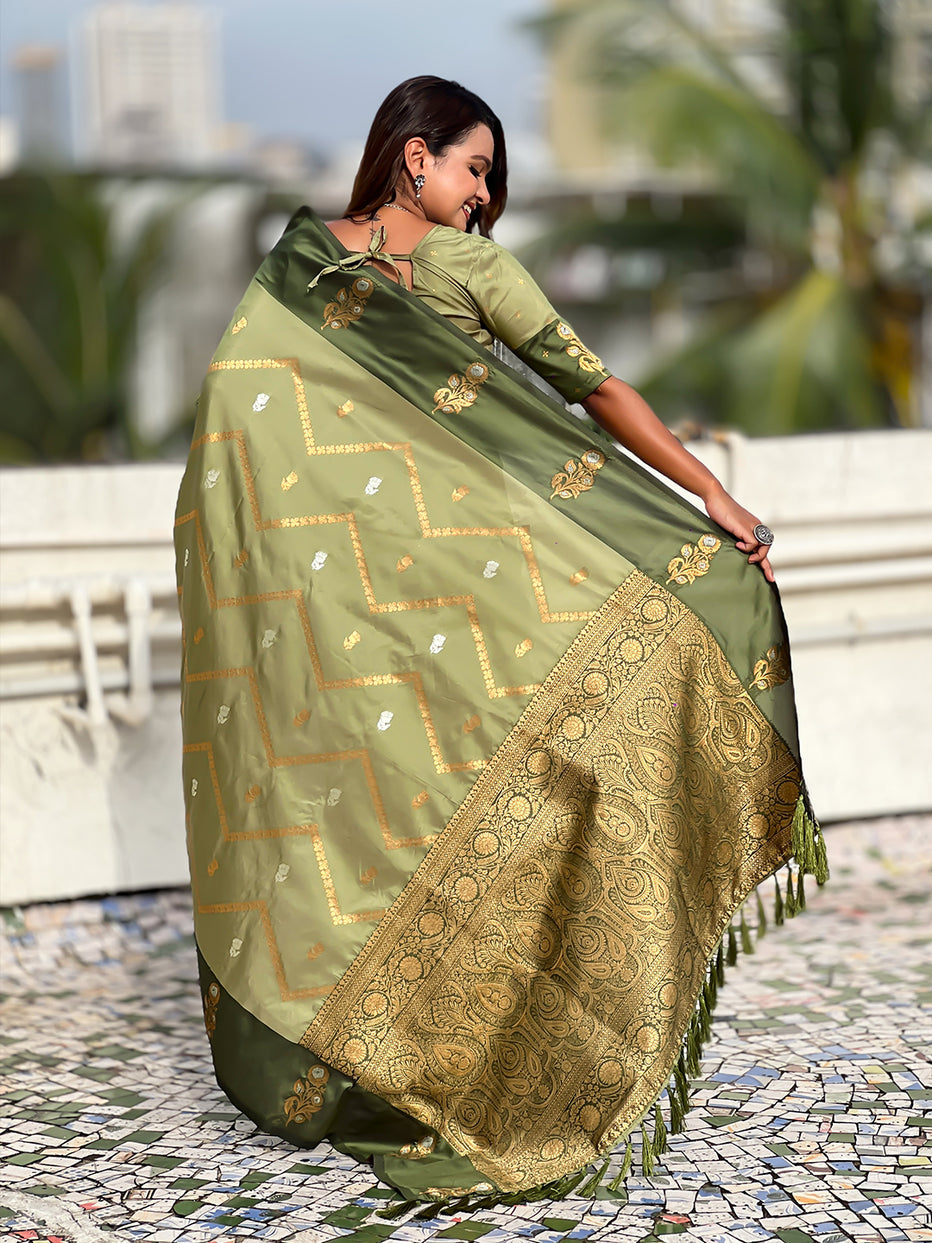 Pista Green Soft Silk Dusty Concept Zig Zag Zari Woven Saree Soft Silk Saree Anant Tex Exports Pvt.Ltd..