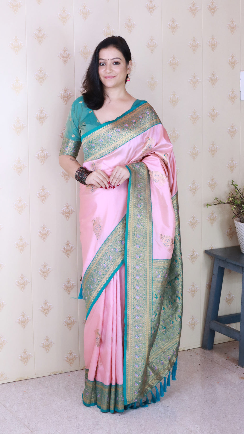 Baby Pink Soft Silk Banarasi Peacock Zari Woven Saree Kanjivaram Saree Anant Tex Exports Pvt.Ltd..
