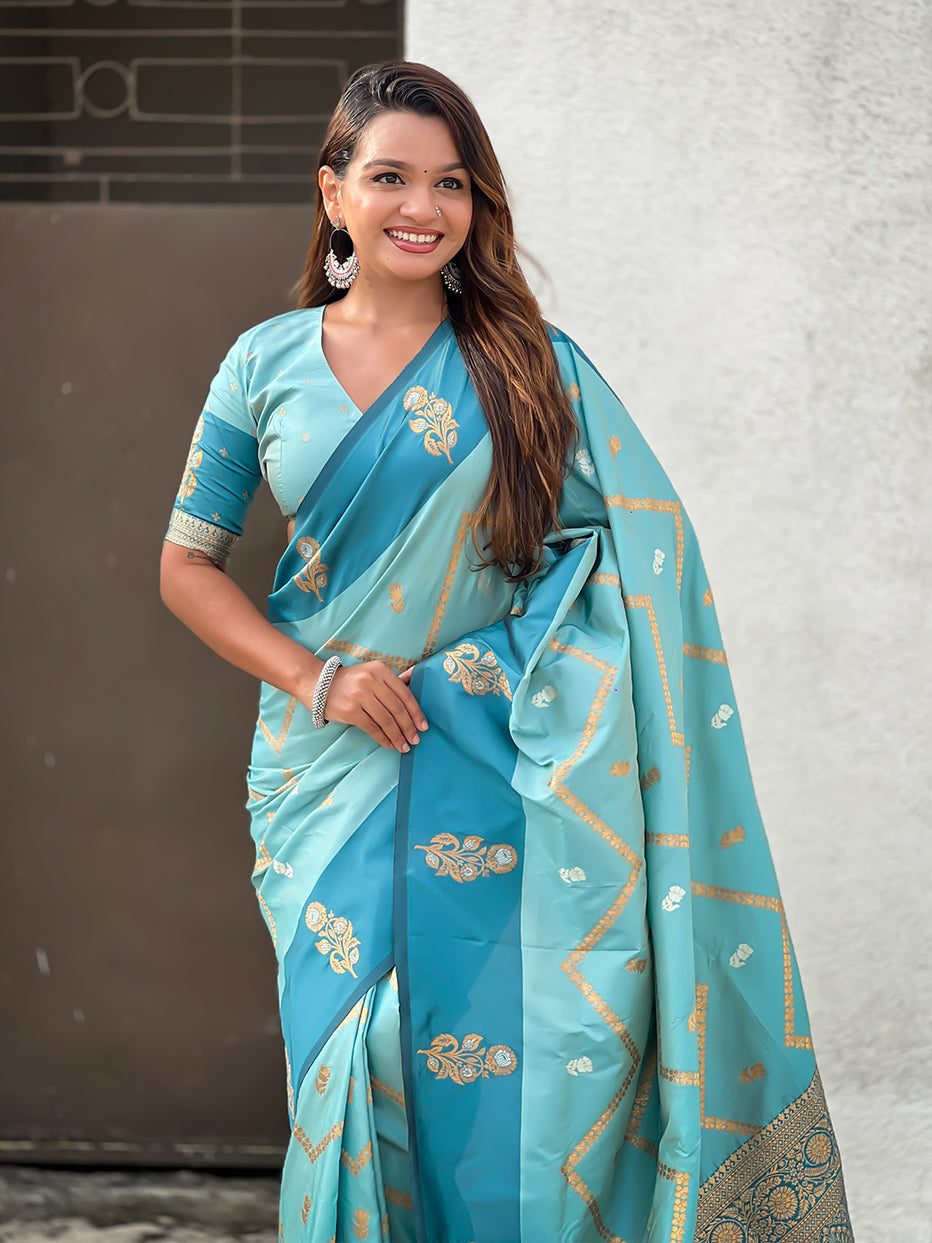 Sky Blue Soft Silk Dusty Concept Zig Zag Zari Woven Saree Soft Silk Saree Anant Tex Exports Pvt.Ltd..