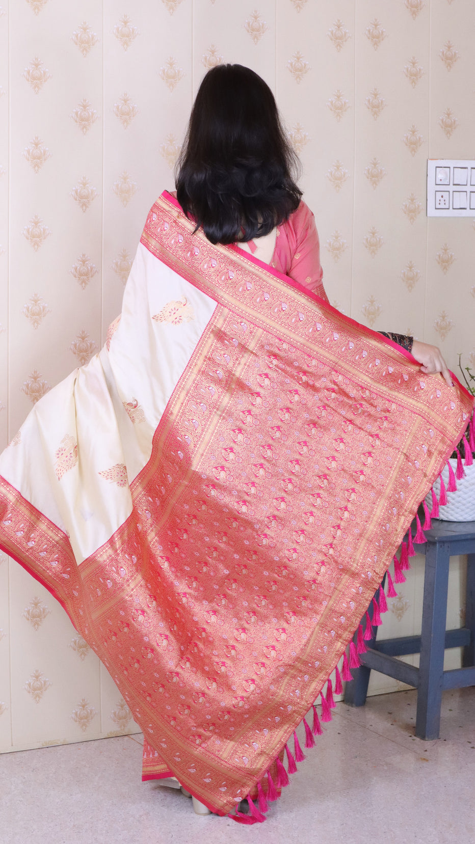 Cream Soft Silk Banarasi Peacock Zari Woven Saree