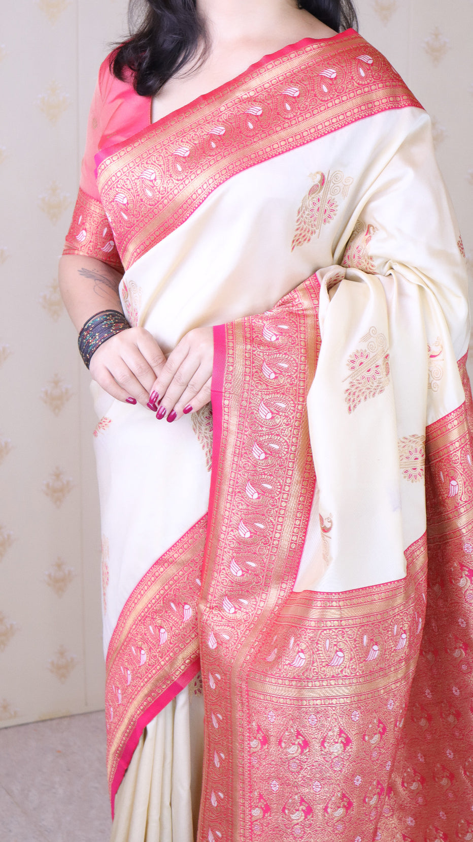 Cream Soft Silk Banarasi Peacock Zari Woven Saree