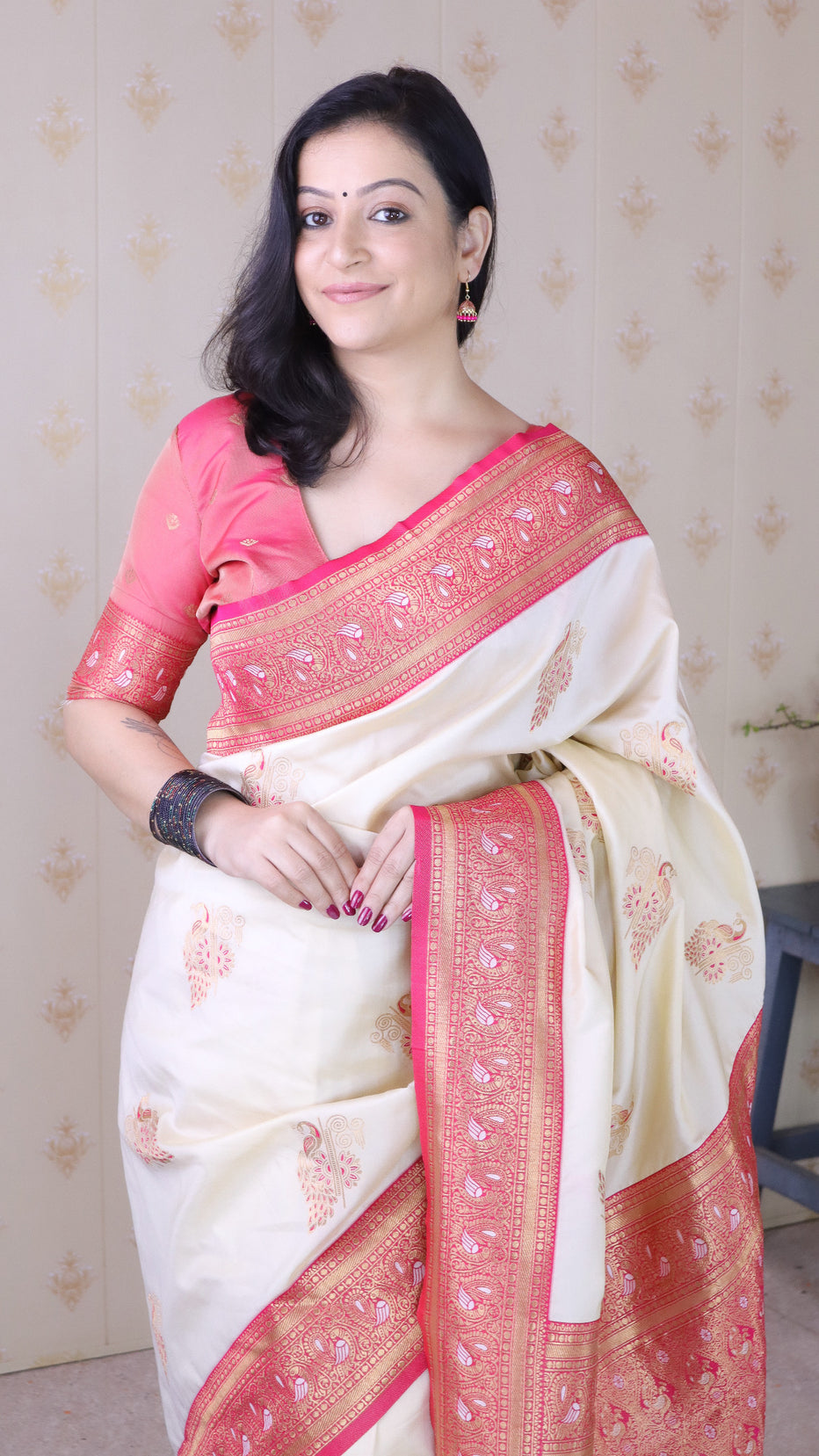 Cream Soft Silk Banarasi Peacock Zari Woven Saree