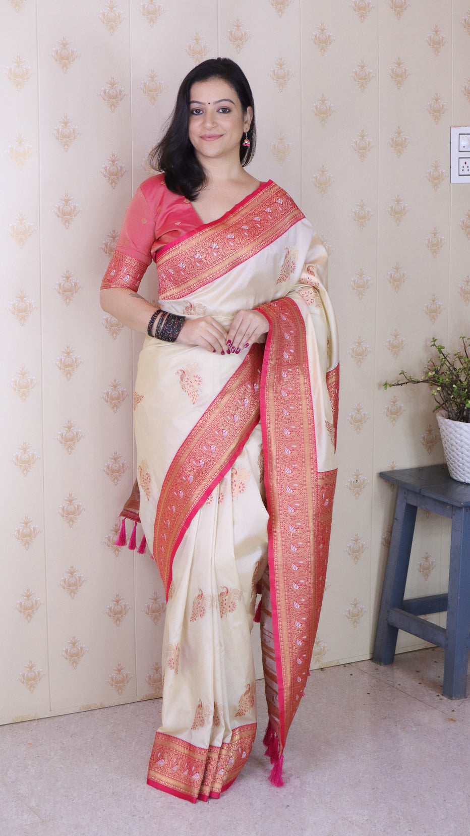 Cream Soft Silk Banarasi Peacock Zari Woven Saree