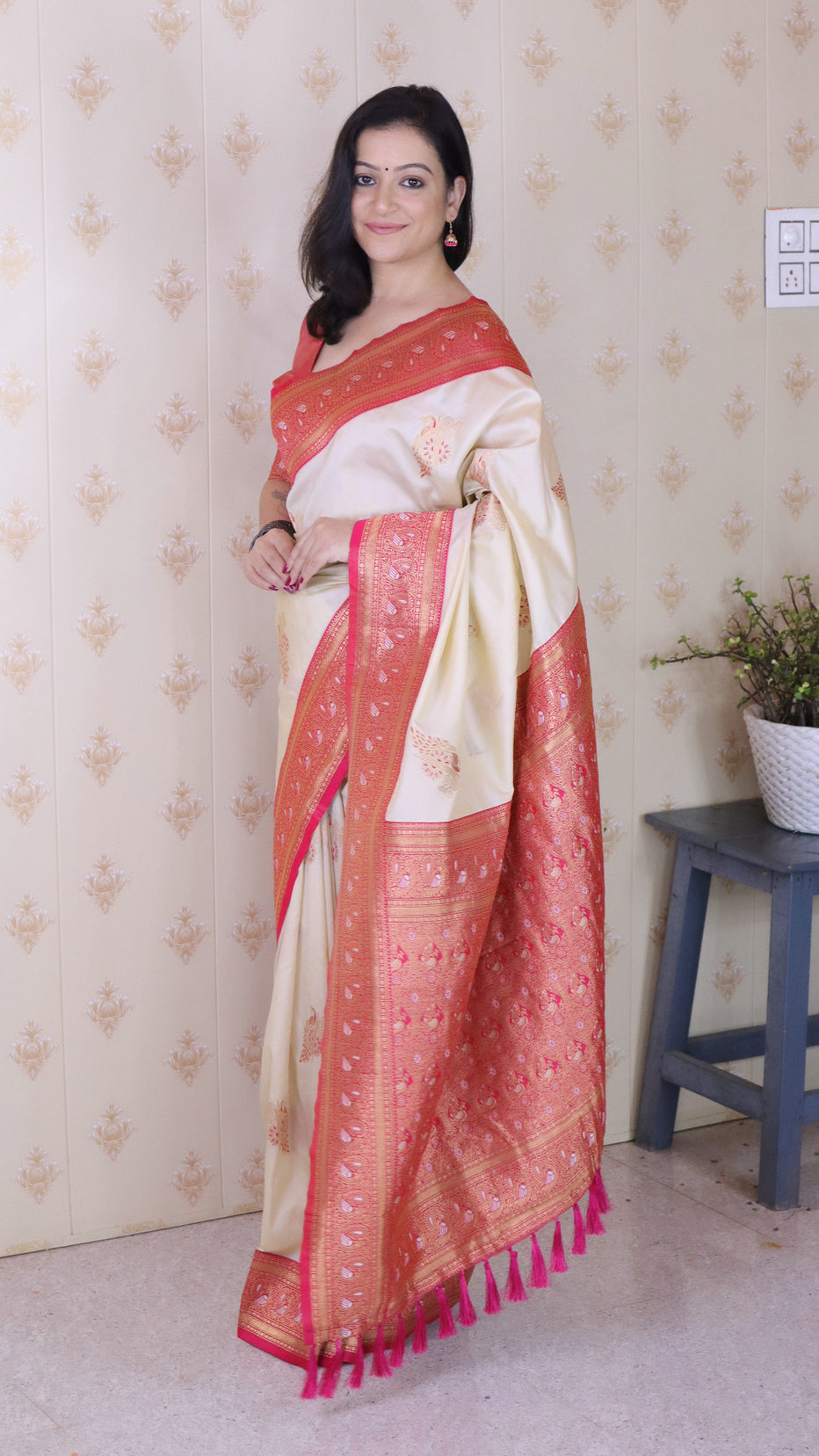 Cream Soft Silk Banarasi Peacock Zari Woven Saree