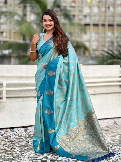 Sky Blue Soft Silk Dusty Concept Zig Zag Zari Woven Saree Soft Silk Saree Anant Tex Exports Pvt.Ltd..