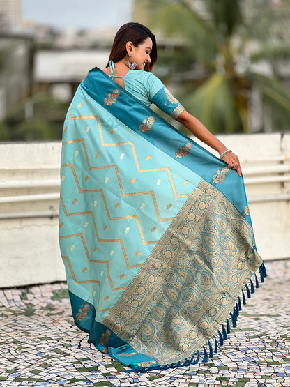 Sky Blue Soft Silk Dusty Concept Zig Zag Zari Woven Saree Soft Silk Saree Anant Tex Exports Pvt.Ltd..