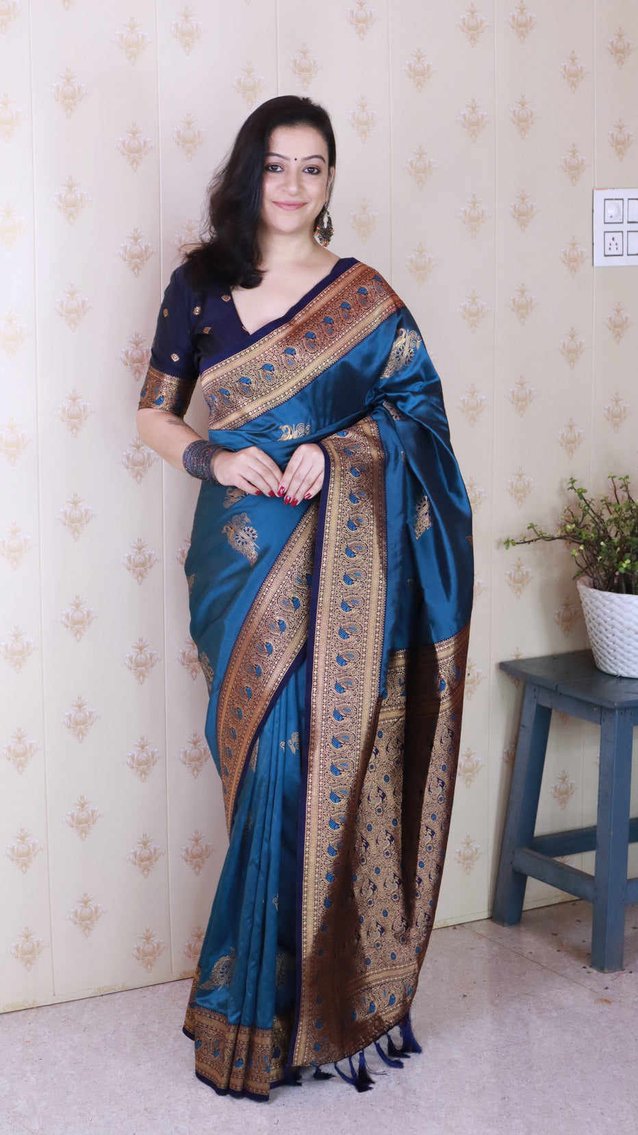 Metallic Blue Soft Silk Banarasi Peacock Zari Woven Saree