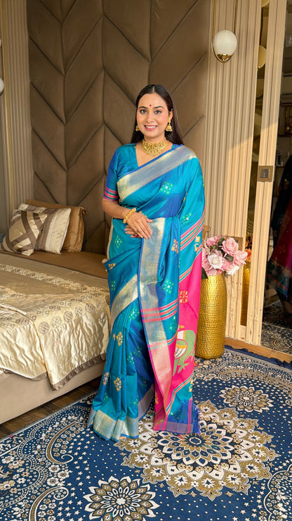 Rama Pink Soft Silk Ikkat Zari Patola Soft Silk Saree