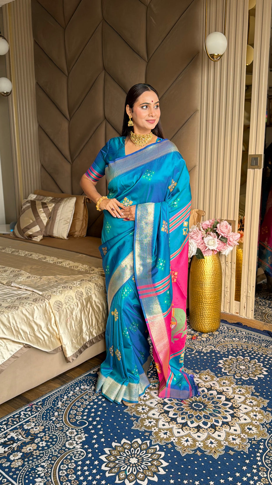 Rama Pink Soft Silk Ikkat Zari Patola Soft Silk Saree